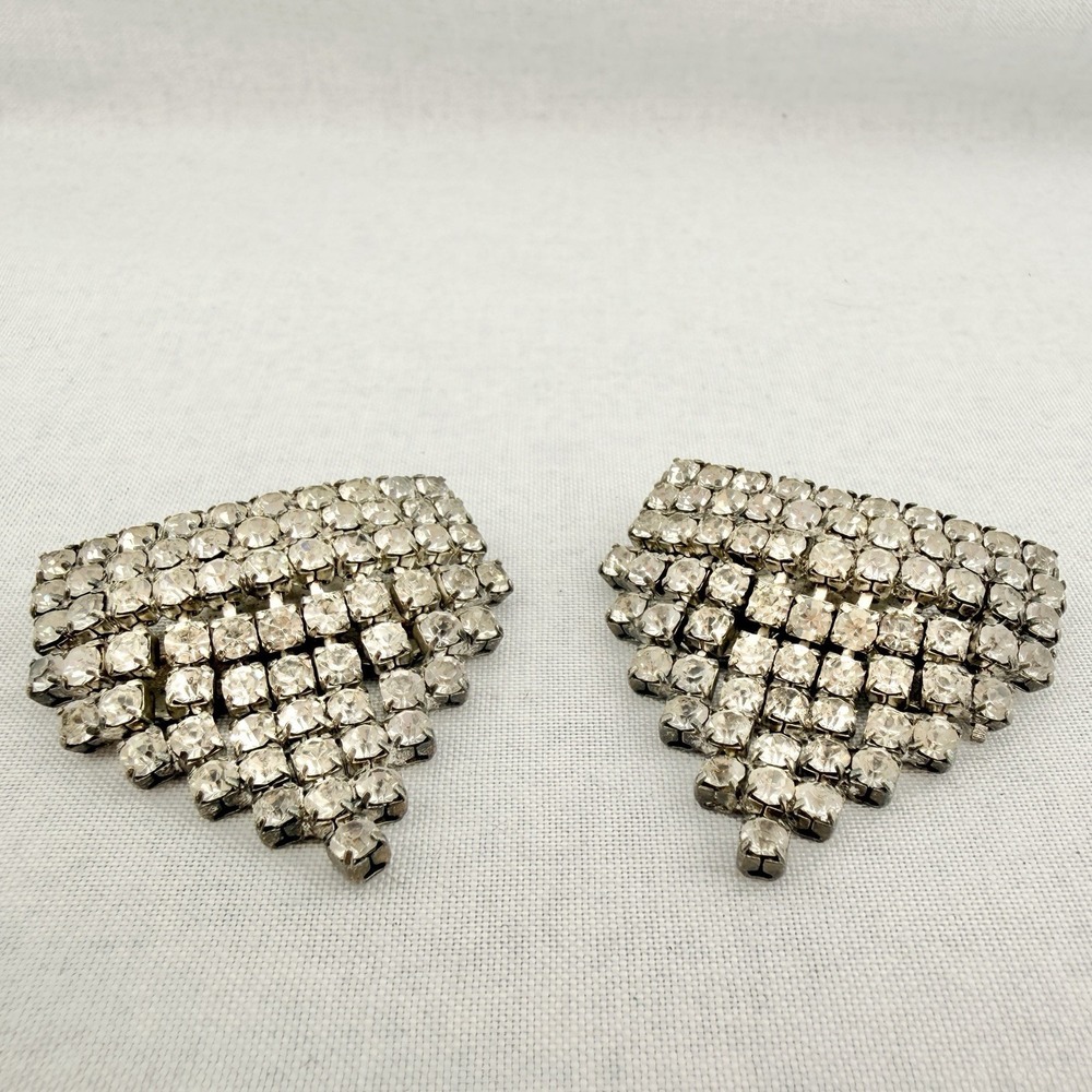 Victorian Art Deco Signed MUSI Clear Rhinestone Shoe Clips Mod‎ Pop Sparkly Glam